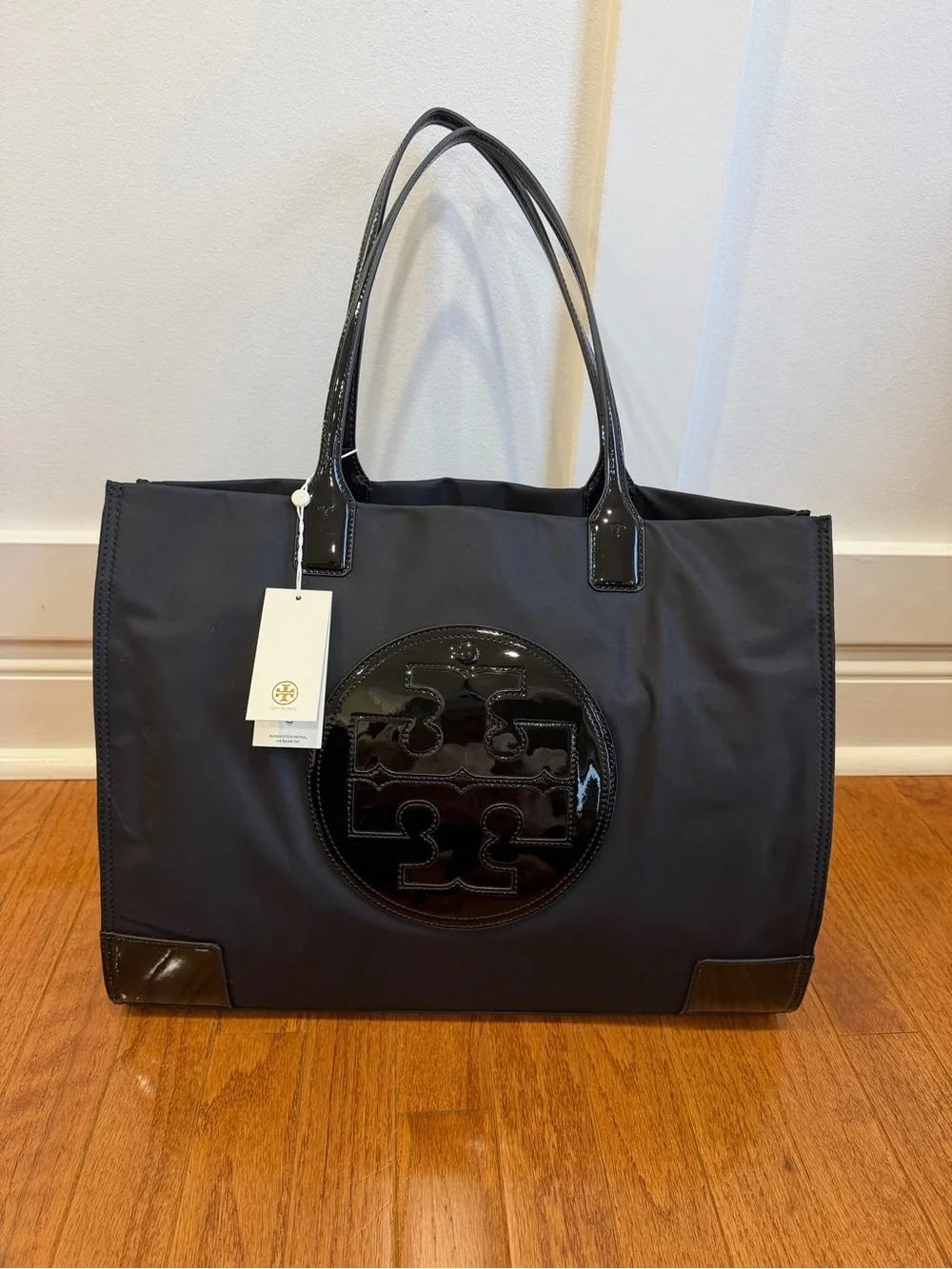 Tory Burch Black Nylon Tote with Patent Logo